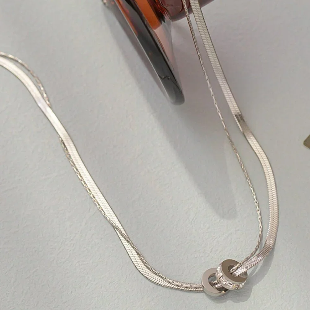 Silver Casual Women's Stainless Steel Round Cz Inlaid Double Layer Necklace